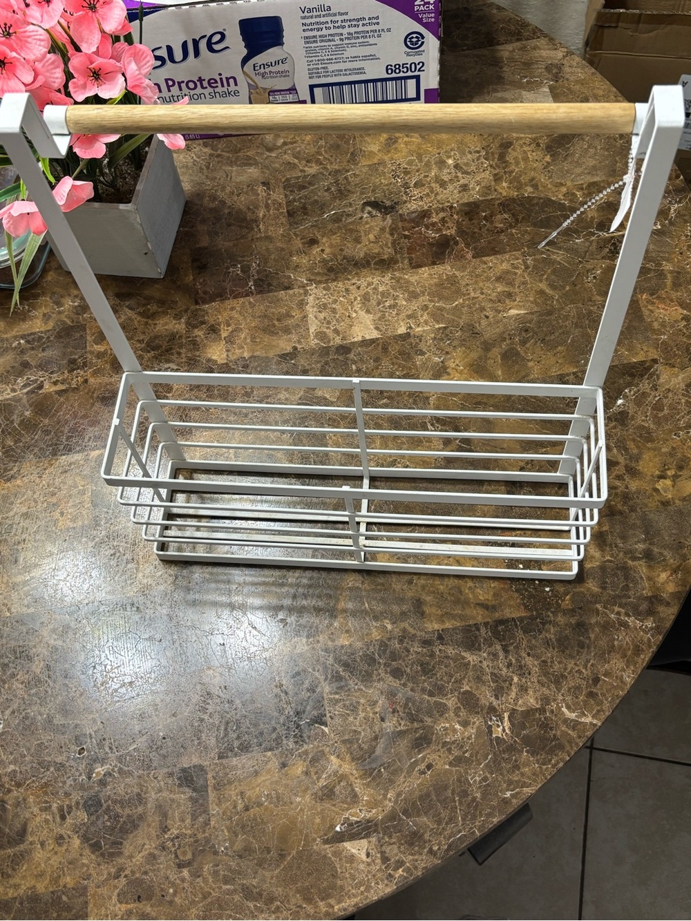 White Over-the-Cabinet Storage Basket with Wood Accent